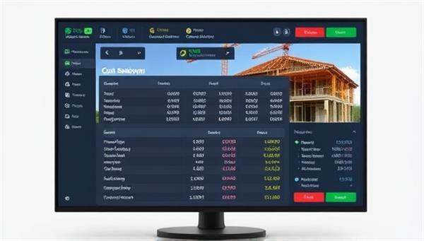 A dynamic software interface displaying a detailed cost breakdown of a construction project, with interactive features for adjusting variables and generating instant estimates, showcasing the software