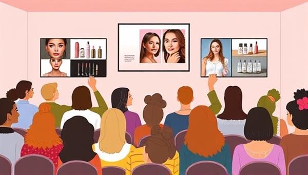 An engaging graphic showing a diverse group of individuals attending a virtual beauty masterclass, with screens displaying makeup tutorials, skincare demonstrations, and hair styling tips, conveying a sense of community and learning.