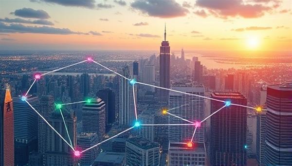 A futuristic digital cityscape with interconnected blockchain nodes symbolizing secure and efficient real estate transactions on the SecureEstate Transactions platform, illustrating the integration of blockchain technology into the real estate industry for enhanced security and transparency.