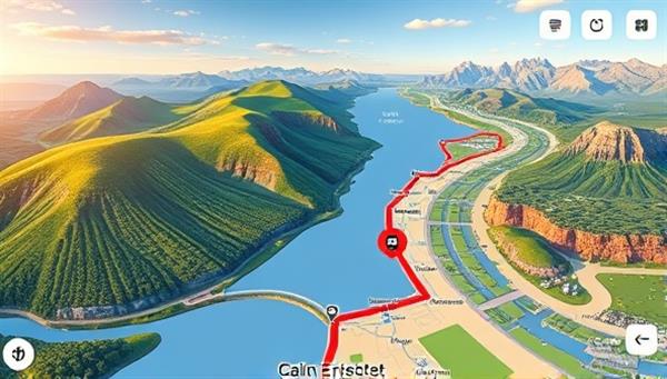 An artistic depiction of a digital map interface showing a customized bike route winding through scenic landscapes, with icons representing attractions and landmarks along the way, evoking a sense of adventure and exploration.