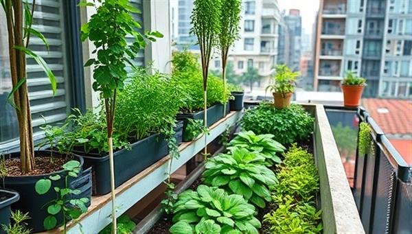 An image depicting a balcony or rooftop garden filled with lush greenery and thriving plants grown using the urban micro-farming kits, showcasing the potential for sustainable agriculture in urban settings.