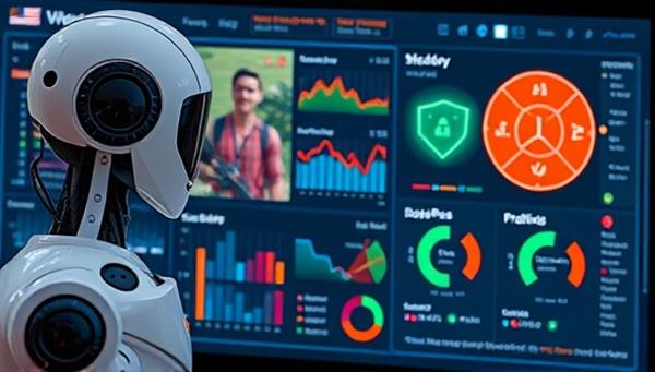 An AI avatar analyzing gameplay footage and skill data on a digital interface, displaying performance metrics, heatmaps, and strategic recommendations for a player, illustrating the data-driven and personalized skill assessment process of SkillForge AI.