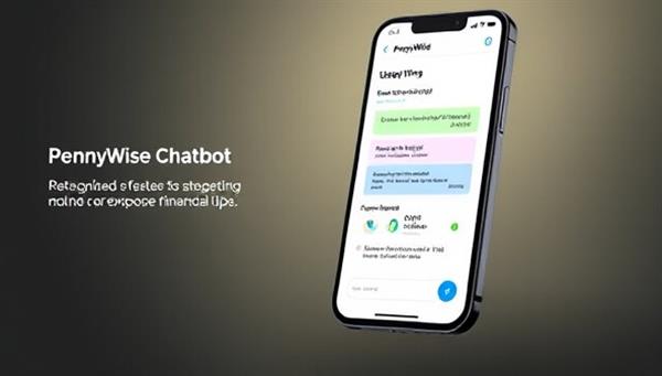 An engaging visual of a smartphone screen displaying the PennyWise AI chatbot interface, showcasing user-friendly features like budget tracking graphs, expense categorization options, and personalized financial tips, creating a seamless and interactive user experience.