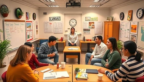 An immersive virtual language classroom scene with diverse students engaged in a conversation practice session led by a skilled language instructor, surrounded by cultural elements and interactive language tools, creating a vibrant and educational atmosphere.