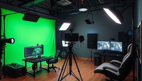 A professional content creation studio setup with cameras, green screens, editing stations, and gaming peripherals, illustrating a creative and dynamic environment for producing gaming videos and live streams, capturing the essence of content creation.