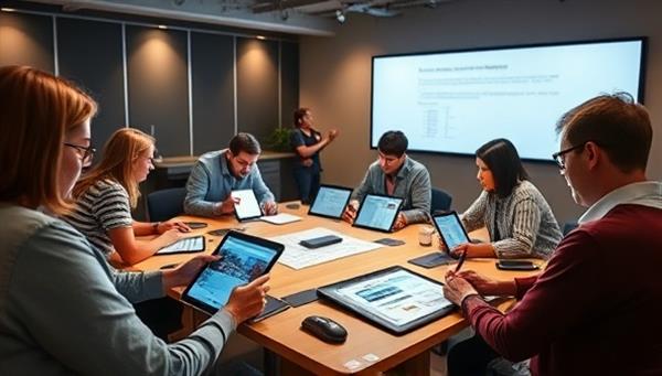 A vibrant workshop setting with participants sketching wireframes on tablets, discussing design concepts, and showcasing their work on large screens, fostering a collaborative and creative learning environment in web design.
