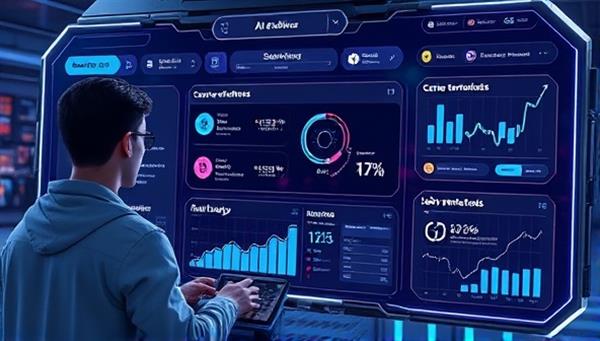 A futuristic digital interface showing a user interacting with an AI-powered career advisor, displaying career recommendations, skill assessments, and job market trends in an engaging and visually appealing way.