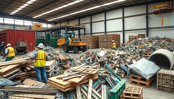 An impactful image of a construction waste recycling facility with workers sorting and processing various construction materials like wood, metal, and concrete, showcasing the eco-friendly practices and sustainability efforts of the waste recycling service.