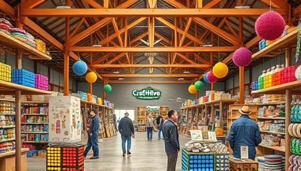 An artistic representation of the CraftHive Warehouse interior, featuring a vibrant marketplace filled with colorful handmade crafts, artisan displays, and customers browsing unique products, capturing the essence of creativity and community in a shared artisanal space.