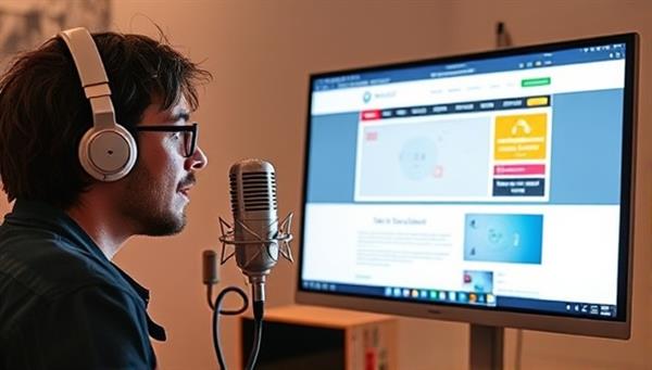 An artist speaking to a microphone while a website layout magically appears on a screen in response to the voice commands, illustrating the seamless and interactive nature of designing with VoiceWebCraft through voice activation technology.