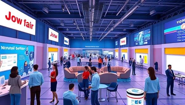 A futuristic virtual job fair environment with animated avatars representing companies and job seekers interacting in a digital space filled with information booths, live presentations, and networking lounges, creating a dynamic and immersive recruitment experience.
