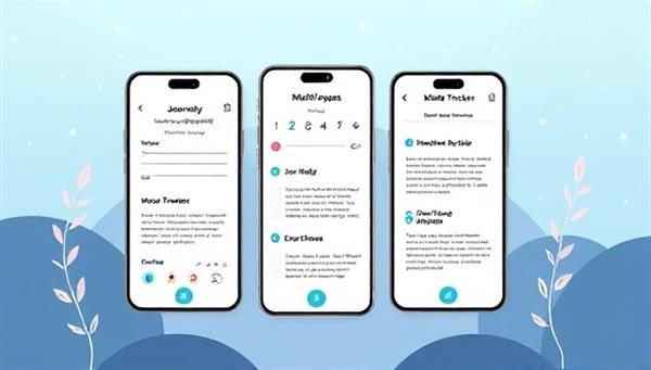A digital illustration of the Mindful Pages app interface, featuring a serene and calming design with journaling prompts, mood trackers, and mindfulness exercises, creating a virtual oasis for self-reflection and emotional well-being, symbolizing the transformative power of digital journaling for mental wellness.