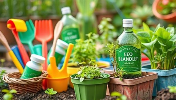 A vibrant digital garden scene with colorful eco-friendly tools, sustainable living products, and green plants growing in recycled containers, symbolizing growth, sustainability, and community collaboration within the EcoEcho Workshops platform.