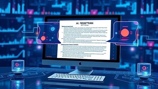 An illustration of a futuristic AI system scanning legal documents on a computer screen, with digital data flowing and highlighting key sections, showcasing the efficiency and precision of the technology.