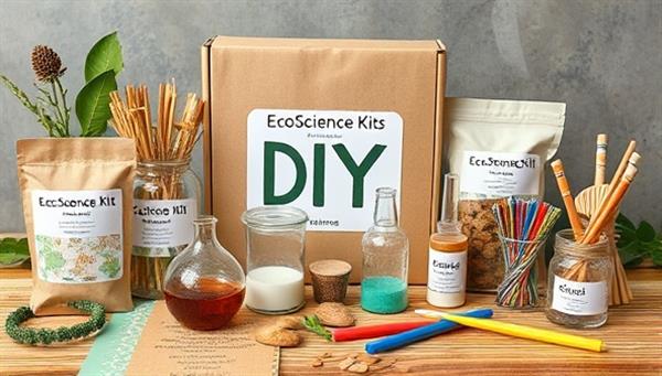 An eco-friendly DIY science experiment kit displayed with natural materials, recyclable packaging, and colorful tools, reflecting the sustainability and educational essence of EcoScience Kits.
