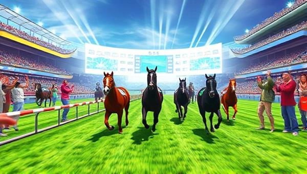 An animated illustration of a virtual horse racing stadium filled with cheering spectators, as sleek and majestic virtual horses race towards the finish line, capturing the excitement and competitive spirit of the RaceRealm simulation platform in a visually captivating scene.