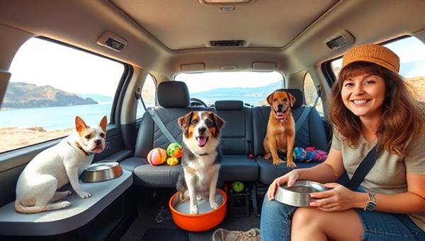 An appealing image of a pet-friendly vehicle interior with cozy pet seats, water bowls, and toys, transporting happy pets and their owners on a scenic ride, highlighting the comfort and safety features of the PawsRide service.