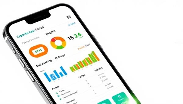 An artistic representation of a smartphone screen displaying the ExpenseEase Tracker app interface with colorful graphs, budgeting tools, and expense categories, conveying simplicity, organization, and financial management efficiency.