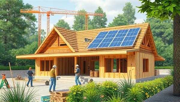 An artistic rendering of a construction site with workers using sustainable materials like recycled wood and solar panels, surrounded by lush greenery, conveying the concept of eco-friendly building practices.