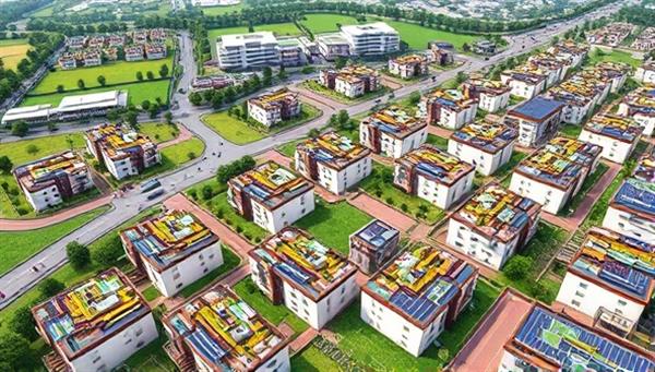 An aerial view of a vibrant cityscape featuring modular buildings constructed with sustainable materials, surrounded by green spaces and solar panels, illustrating a futuristic and environmentally friendly urban development concept.