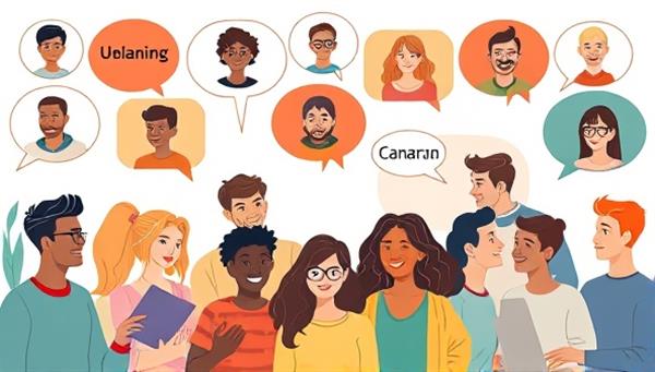 An illustration of diverse individuals engaging in virtual language exchange sessions, with speech bubbles showcasing different languages being practiced, creating a vibrant and inclusive language learning community atmosphere.