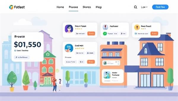 An illustration of a digital marketplace showcasing various real estate investment opportunities with interactive features for browsing, selecting shares, and tracking investment performance, emphasizing accessibility and diversification in real estate investing.