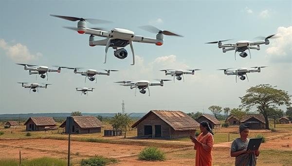 An image showing a fleet of drones equipped with communication devices flying over a remote village, establishing a network connection, with residents using smartphones and laptops to access the internet, symbolizing the transformative impact of SkyLink Connect on connectivity in remote areas.