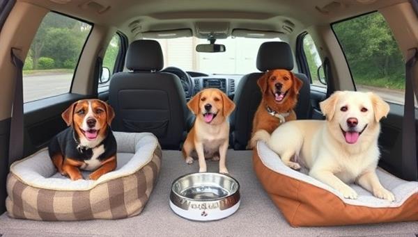 A pet-friendly vehicle interior featuring cozy pet beds, water and food bowls, and happy pets comfortably traveling, showcasing the safety and comfort of the transportation service for furry companions.