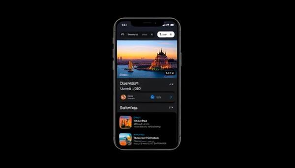A sleek and modern mobile app interface showing a personalized travel itinerary with vibrant destination images, flight details, and hotel recommendations, symbolizing convenience and personalization.