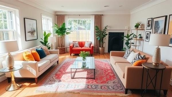 A beautifully staged living room in a rental property, featuring modern furniture, vibrant decor, and natural lighting, creating an inviting and stylish ambiance for potential tenants, showcasing the impact of professional staging services.