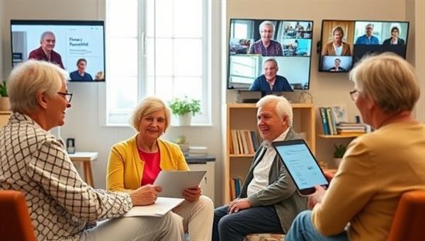 An inclusive online learning environment featuring senior participants engaged in virtual health workshops, interactive quizzes, and peer discussions on topics related to aging well, fostering a sense of community, connection, and lifelong learning for older adults.