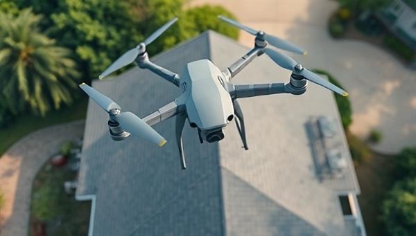 A drone hovering above a residential property, capturing aerial footage of the roof and surrounding area with precision and detail, illustrating the advanced technology and comprehensive inspections conducted by SkyInspect in a visually striking and informative manner.
