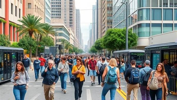 A vibrant and bustling urban street scene showcasing a shared mobility hub filled with diverse commuters accessing different transportation modes, with a backdrop of city skyscrapers and green spaces, capturing the concept of integrated urban mobility.