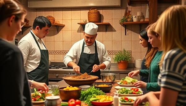 An engaging virtual cooking class session image showing a local chef teaching a group of participants how to prepare a traditional dish, with colorful ingredients, cooking utensils, and a warm kitchen ambiance, capturing the essence of interactive and immersive culinary learning experiences.