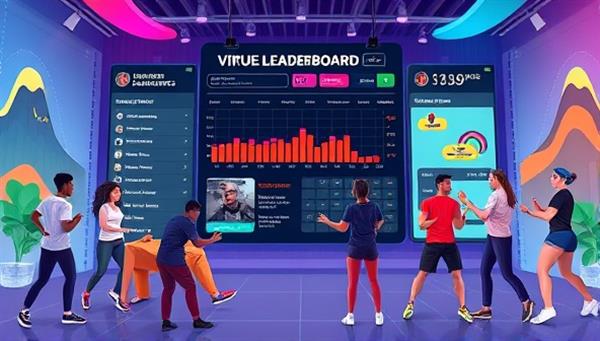 An interactive illustration showcasing a diverse group of users engaging in virtual fitness challenges, tracking their progress on a digital leaderboard, and unlocking fitness achievements in a colorful and dynamic virtual environment, inspiring a sense of accomplishment and motivation.