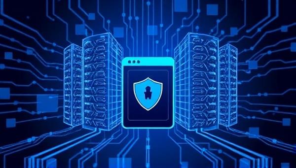 An abstract representation of interconnected blockchain blocks forming a secure digital fortress around a website server, symbolizing the impenetrable protection and reliability of BlockHost Secure
