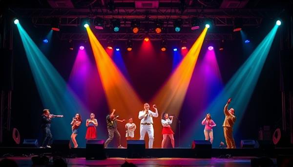 A dynamic digital stage set-up with colorful spotlights illuminating a variety of performers in different art forms, capturing the essence of creativity and diversity in talent.