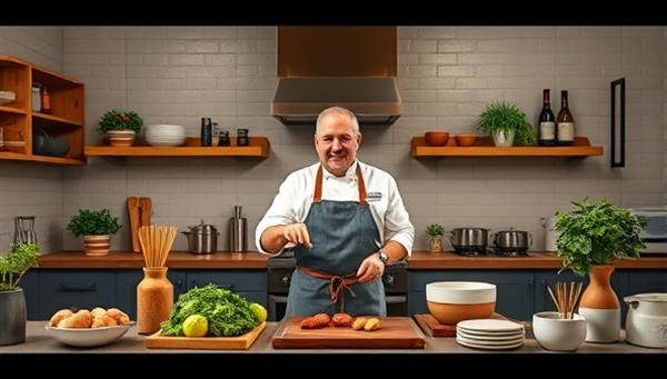 A virtual kitchen setup with a celebrity chef leading a cooking class, demonstrating culinary techniques and sharing cooking tips with online participants, creating a dynamic and interactive cooking experience for food enthusiasts.