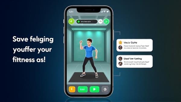 An engaging app interface showcasing a virtual avatar performing exercises in a game-like environment, with progress bars, achievement badges, and motivational messages, inspiring users to stay active and reach their fitness goals through gaming challenges.