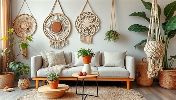 An artistic flat lay of sustainable textile crafts, including woven wall hangings, macrame plant hangers, and fabric coasters, displayed against a backdrop of a cozy living room setting with natural elements, showcasing the handmade and eco-friendly appeal of the products.