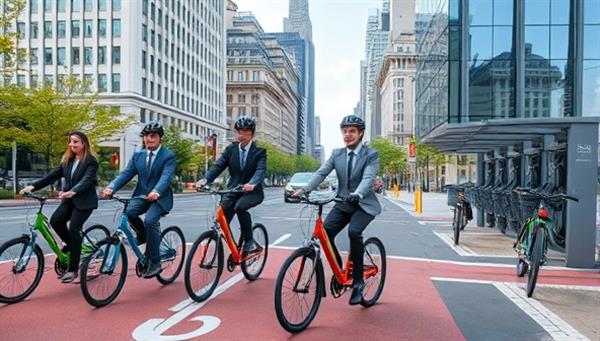 A vibrant city scene featuring a group of professionals in business attire riding rented bicycles on dedicated cycling lanes, with a bicycle maintenance station in the background, showcasing a seamless and eco-friendly urban commuting experience.