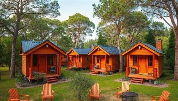 A serene landscape with a cluster of sustainable tiny houses nestled among trees, featuring solar panels, rainwater collection systems, and outdoor seating areas, offering a peaceful and eco-conscious retreat for guests.
