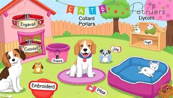 A colorful and playful digital illustration featuring a variety of personalized pet accessories, such as engraved collars, customized pet tags, and embroidered pet beds, displayed in a whimsical pet play area, showcasing the joy and uniqueness of each product.