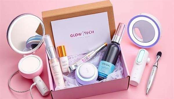 An aesthetically pleasing flat lay of a GlowTech Gear subscription box filled with sleek beauty tech gadgets, smart mirrors, LED skincare devices, and futuristic beauty tools, conveying a sense of innovation and luxury in beauty technology.