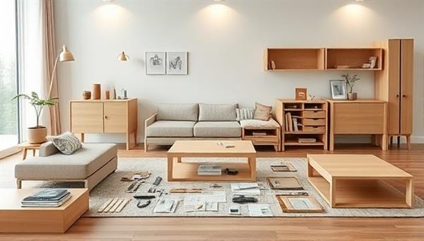 A set of smart modular furniture components neatly arranged with tools and assembly instructions in a modern living room setting, showcasing the flexibility and customization options of the furniture assembly kits.