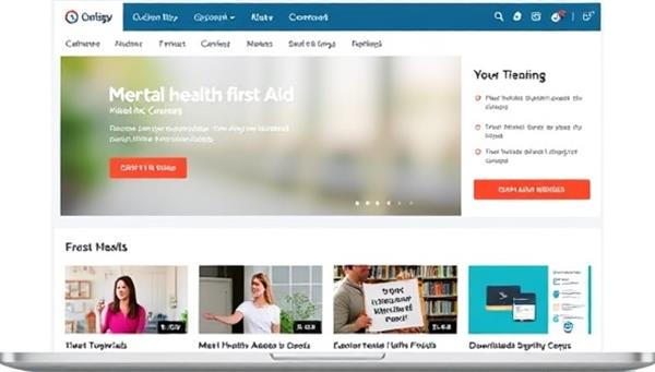 An online training platform interface displaying a mental health first aid course module with interactive quizzes, video tutorials, and downloadable resources, illustrating a comprehensive and engaging learning experience for participants seeking mental health first aid training.