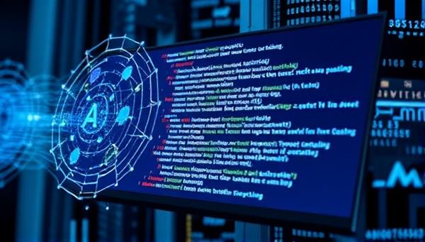 An abstract representation of AI algorithms at work, with digital code flowing into captivating ad copy on a computer screen, illustrating the seamless blend of technology and creativity in generating persuasive advertising content.