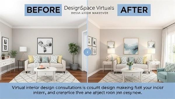 An artistic visualization of a virtual room makeover with before and after images, showcasing the transformation of a living space through virtual interior design consultations, highlighting the impact of DesignSpace Virtual