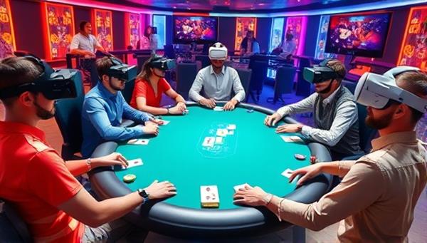 A vivid virtual reality scene showing diverse avatars seated around a virtual poker table, with animated chips and cards in the air, creating a dynamic and engaging atmosphere.