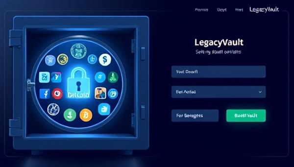 A digital safe deposit box concept, with a sleek and secure online vault interface displaying various digital assets, encryption symbols, and a user setting up access permissions for beneficiaries, conveying a sense of security and modernity in digital asset management through LegacyVault.